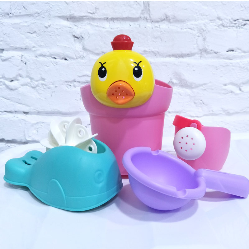 Hot shower water toy storage soft material children's baby chicken water scoop bath kettle hair washing tool beach toy 4 piece set