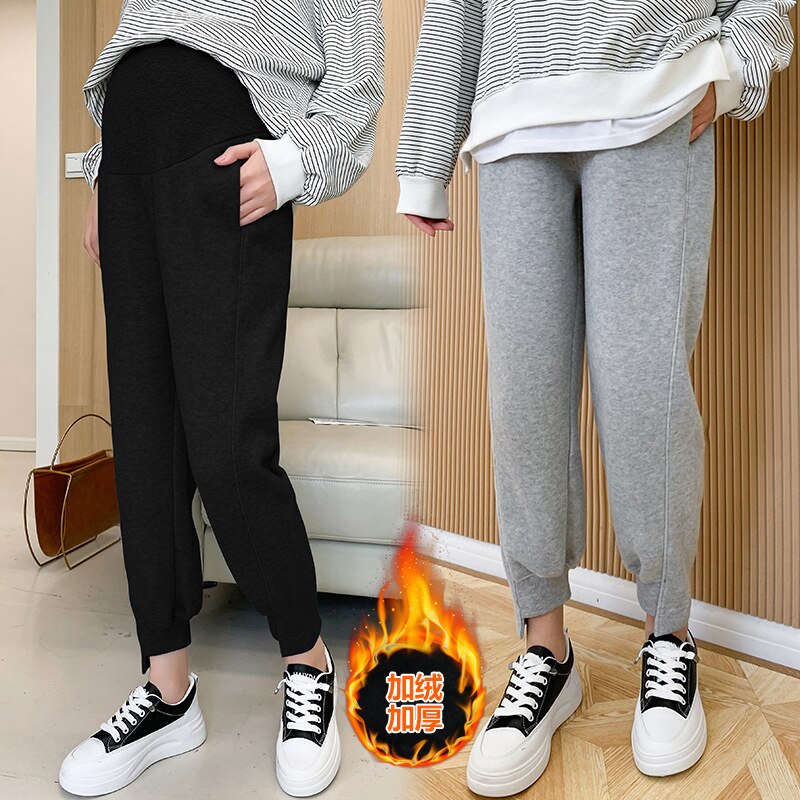 Mallas de maternidad gruesas para mujeres embarazadas, Leggings de cintura ajustable, línea de terciopelo, Ropa de embarazo, pantalones, Ropa Maternal