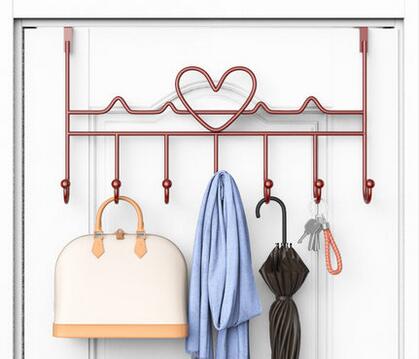 7-Hook over door hanger Iron Art Bag Clothes Key Scarf Hanging Holder Bathroom Kitchen Home Back Door organizer: Heart  Brown