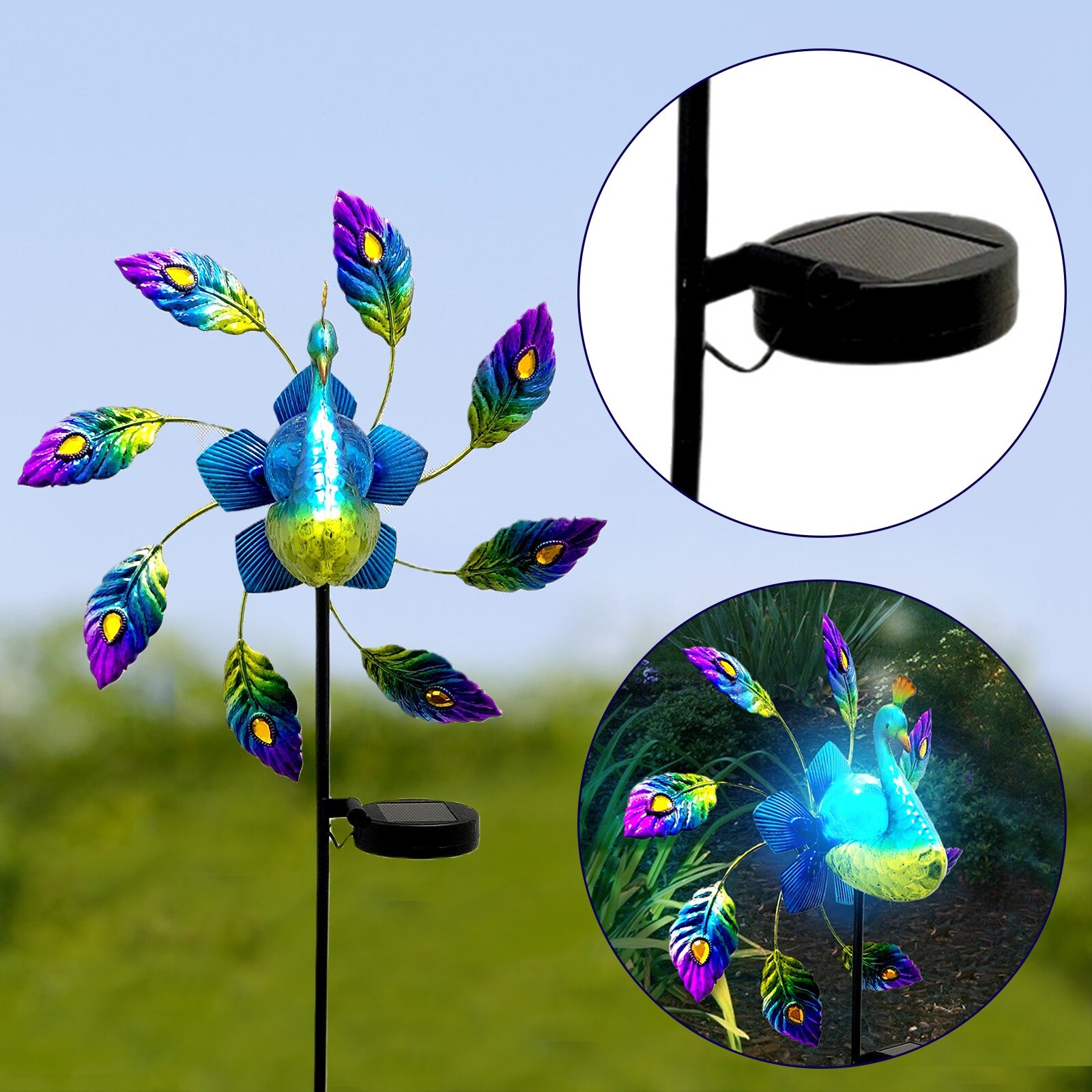 20 @ decorazioni da giardino in ferro battuto dipinto pavone luce solare mulino a vento blu incandescente pavone ornamento giardinaggio Decor prato palo