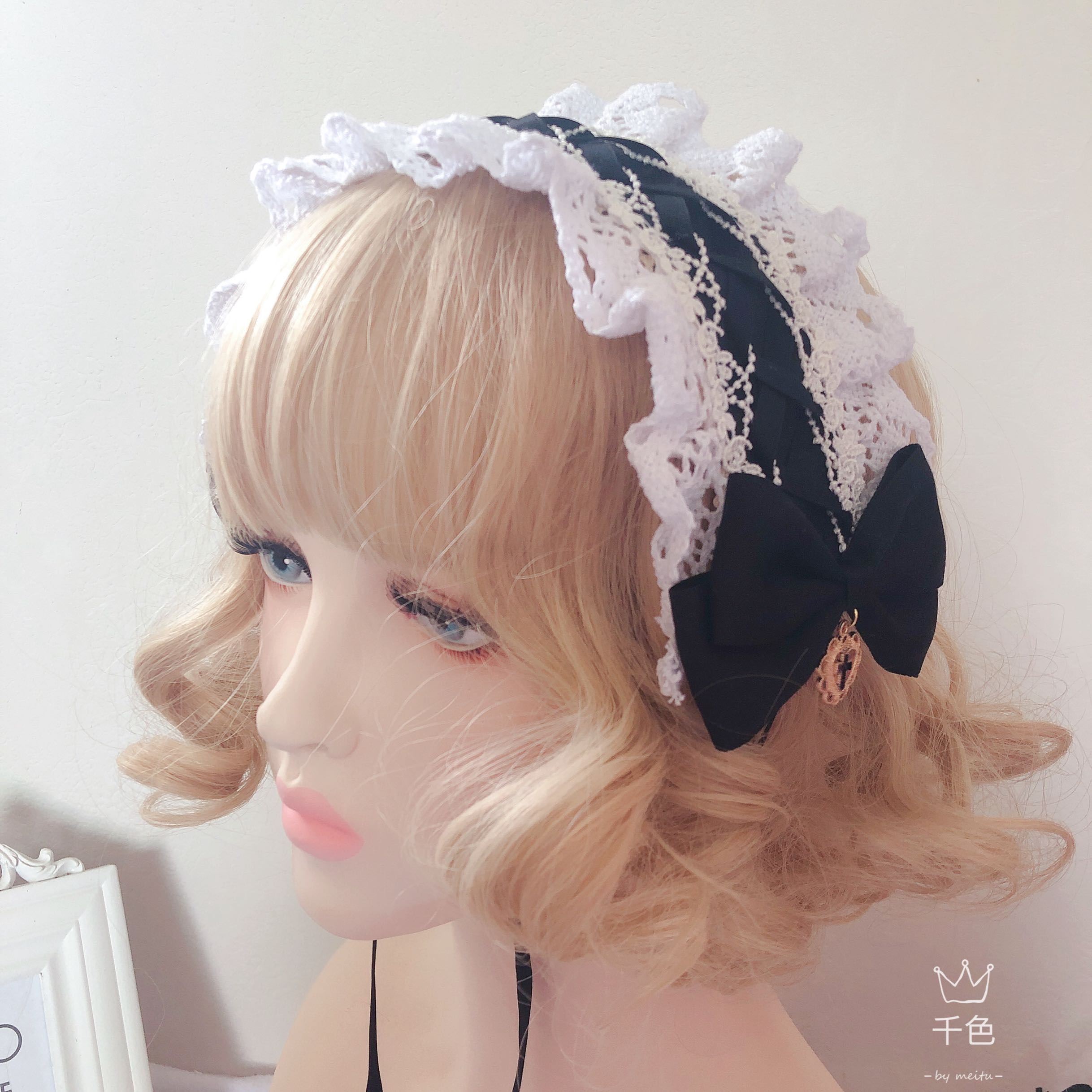 Noir blanc série Cosplay Babydoll bandeau cheveux journal poupée Vintage doux Lolita nœud dentelle KC bandeau épingle à cheveux Bnt Nechlace
