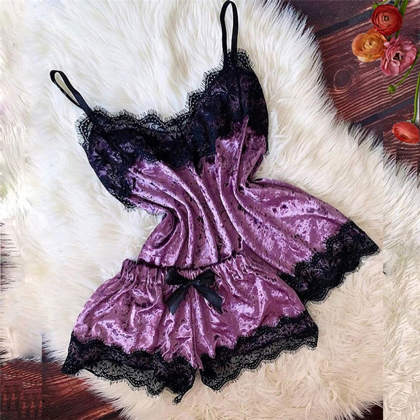 Sommarpyjamas kvinnor sammet rosett sovplagg ärmlös rem nattplagg spetskant cami topp pyjamas set femme sexiga underkläder