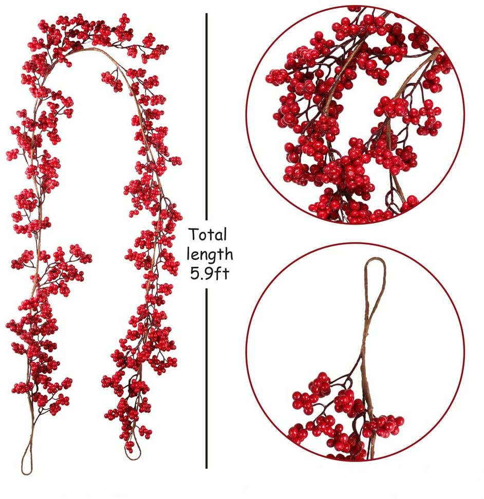 5.9Ft Christmas Red Berry Garland Flexible Artificial Burgundy Red Pip Christmas Garland Home Decoration Year Decor