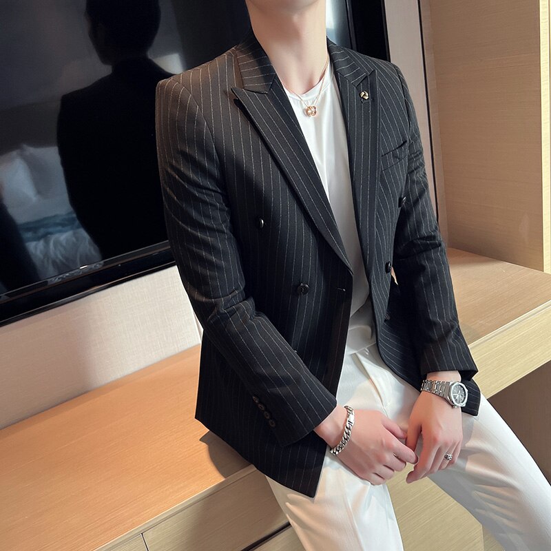 Black/Gray Business Formal Wear Double Breasted Striped Blazer Jackets And Coats Slim Fit Casual Wedding Suits For Men Clothing