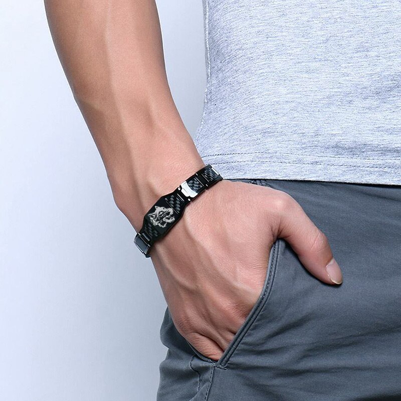 Stylish Wolf Bracelets for Men Black Bio Energy Carbon Fiber Chain Stainless Steel Jewelry