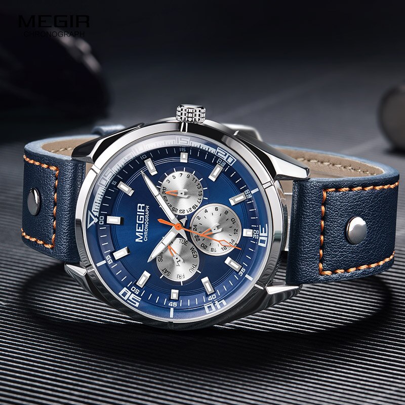 Megir Mannen Mode Lederen Quartz Horloges Met Kalender Datum Week 24-Uur Lichtgevende Horloge Voor Man Jongens Blauw 2072GBE-2