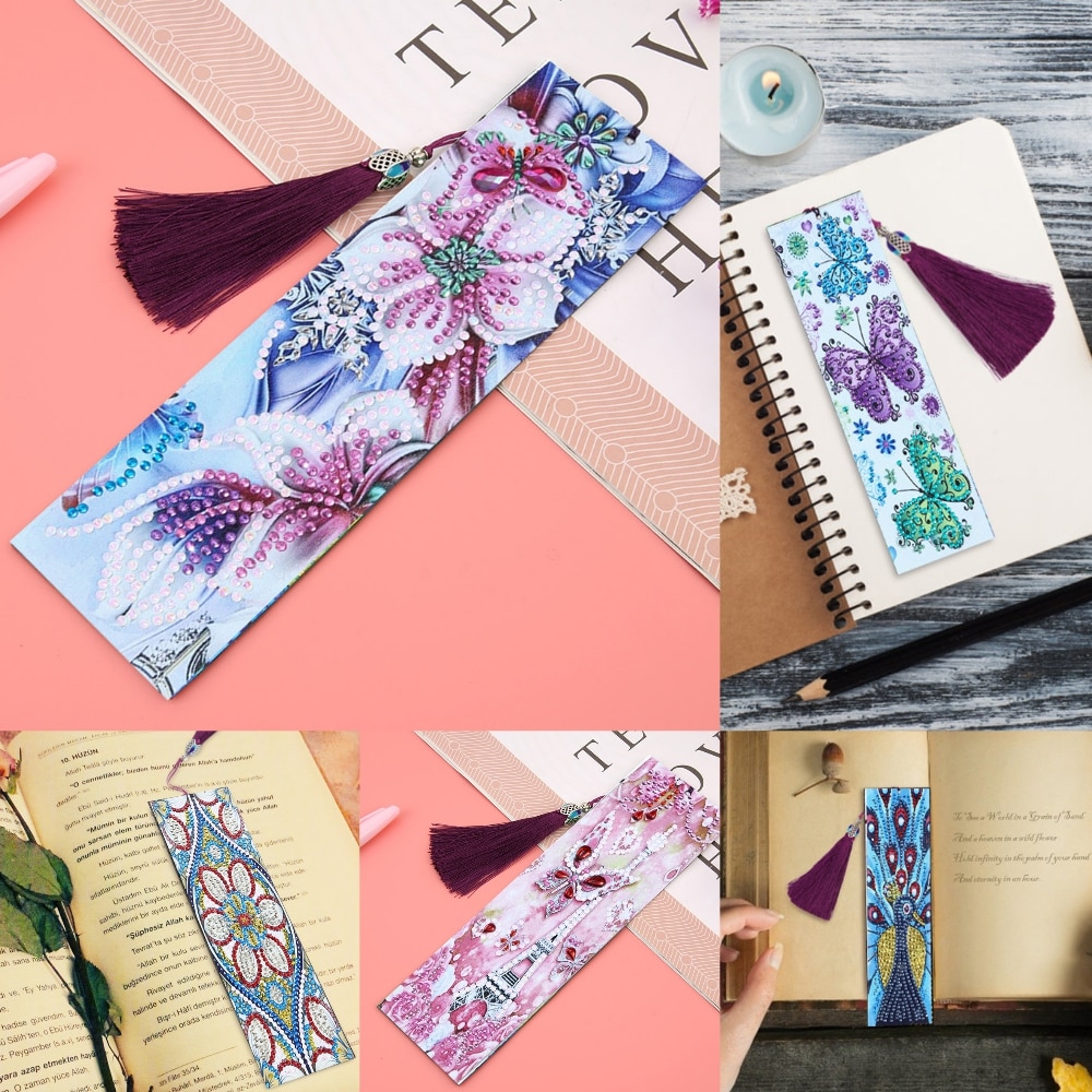 DIY Special Shaped Diamond Painting Leather Bookmark Tassel Book Marks Book Page Mark for Books Christmas Animal, Flower