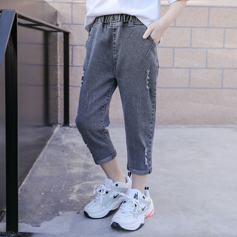 Pantalones vaqueros rasgados para niñas y adolescentes, Jeans sueltos de Color gris y azul, ropa informal con agujeros, X167, novedad de verano