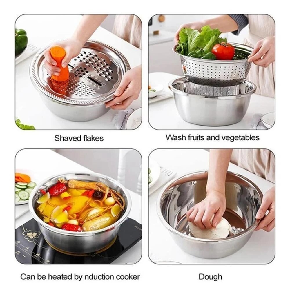 Multifonctionnel inox bassin évier cuisine passoire Fine maille panier légumes lavage bol 3 pièces ensemble directe