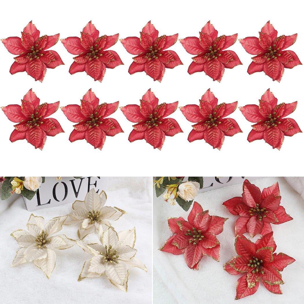 10 PCS Kerst Bloemen Kerstboom Decoraties Glitter Bruiloft Kunstbloemen Decor Xmas Home Decor