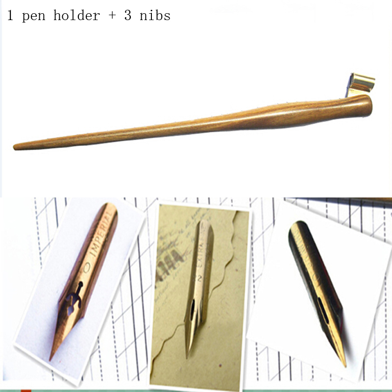 Hand Made Solid Wood Oblique Calligraphy Copperplate Script Hand Writing Dip Pen Set with 3 Nibs