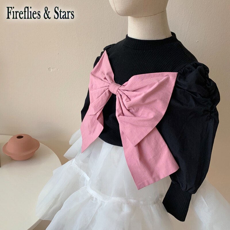 Primavera autunno ragazze maglione maglieria per bambini top lavorati a maglia per bambini abiti di moda per bambini moda manica a sbuffo fiocco grande da 2 a 9 anni