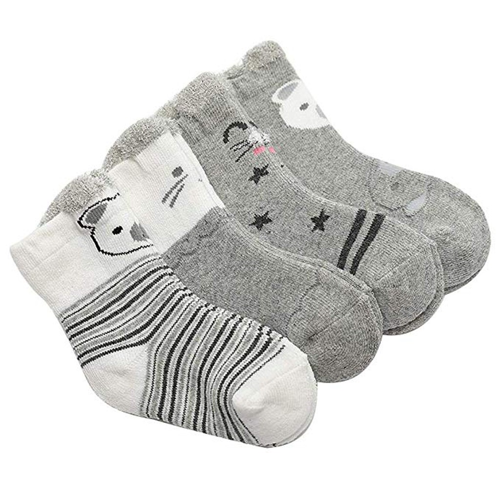 4 Pcs Fahion Katoen Baby Sokken Herfst Winter Cartoon Gedrukt Sok Warm Baby Jongens Meisjes Leuke Sokken Baby Kleding Accessoires # P4: Grijs / 12m