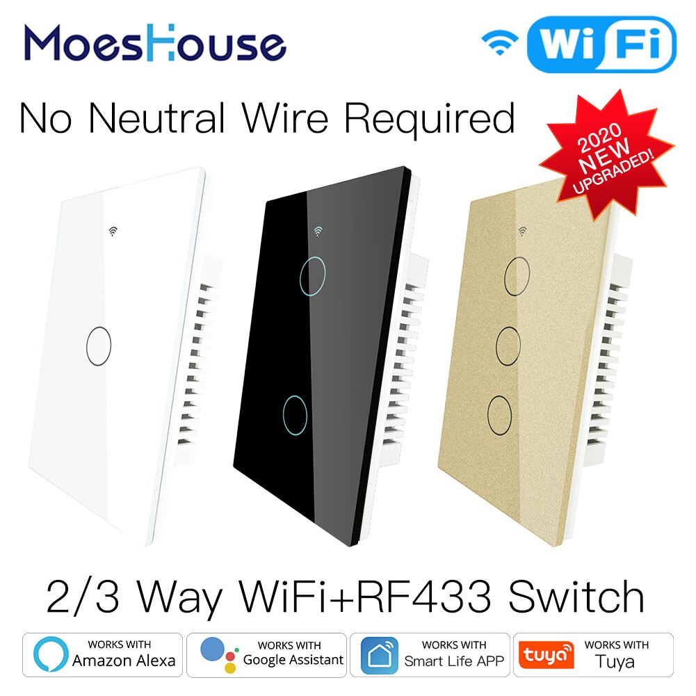 WiFi Smart Light Switch RF433 No Neutral Wire Single Fire Smart Life Tuya App Control Works with Alexa Google Home 110V 220V
