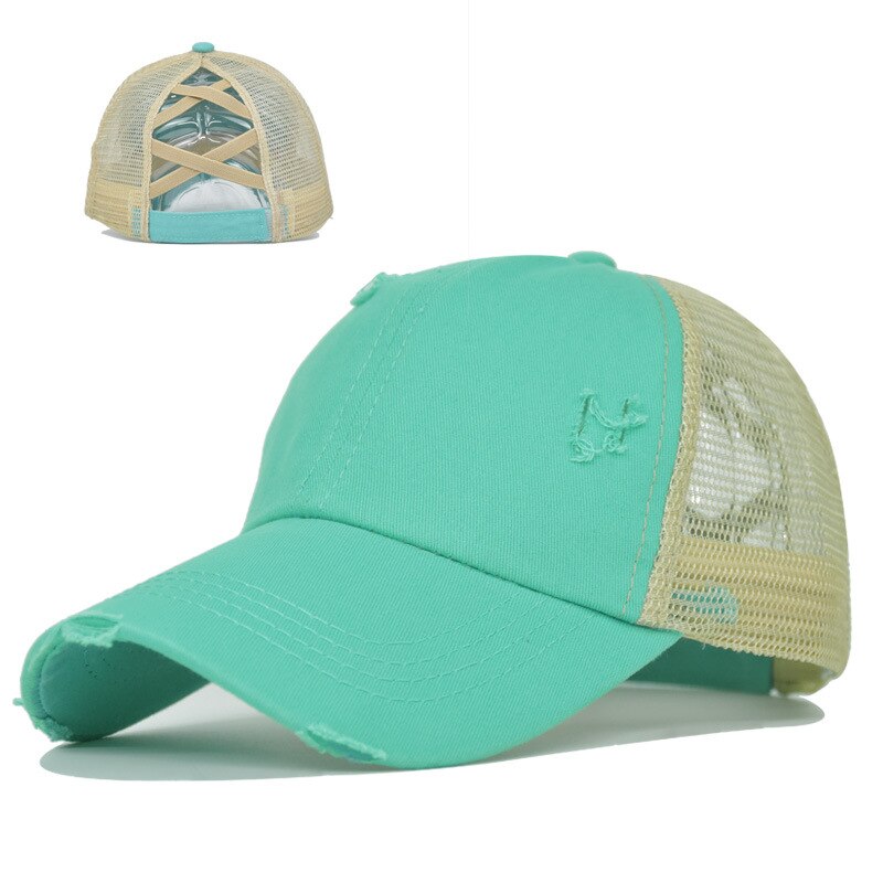 spring product elastic cross ponytail cap hole ponytail cap washed cross ponytail mesh cap female braid hat womens hat: CC606-8 lake green