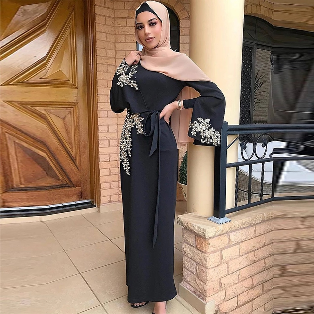Abaya-Robe musulmane en dentelle perlée pour femme, caftan de Dubaï et de Turquie, vêtements islamiques, 2023: XXXL / Black