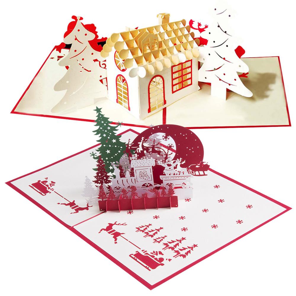 2pcs Santa Cards Christmas Greeting Cards 3D Pop Up Party Invitations Year Greeting Card Anniversary Postcard