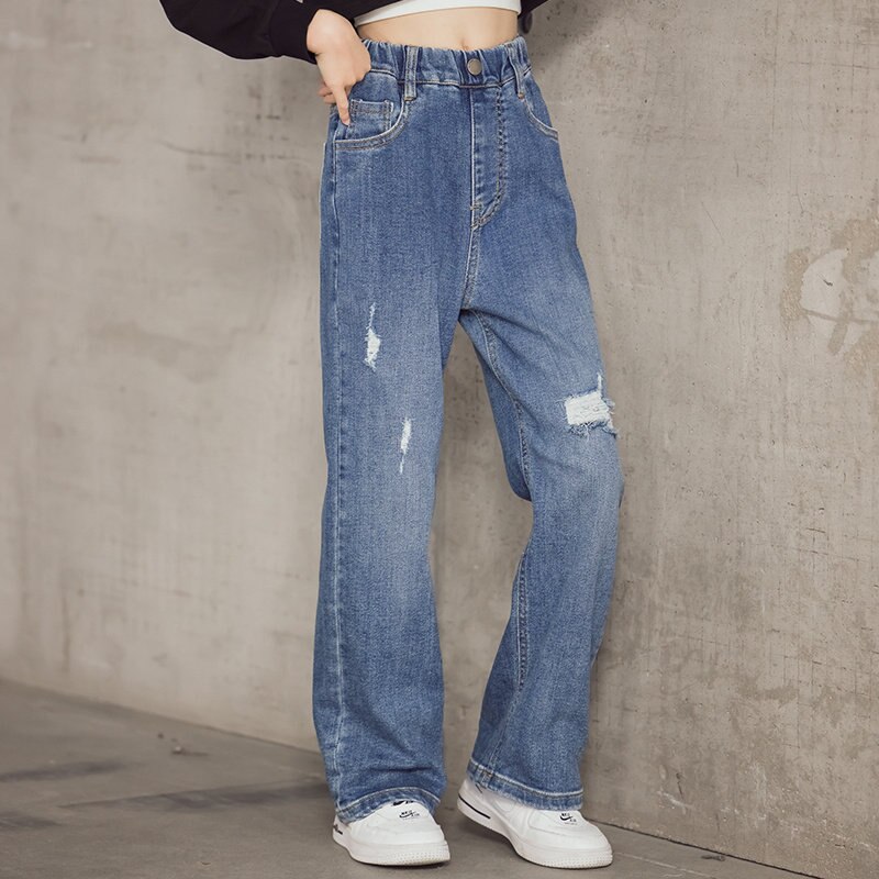 Pantalones vaqueros de pierna ancha para niñas, Jeans rectos de algodón, rasgados, ropa de para Niñas Grandes, novedad