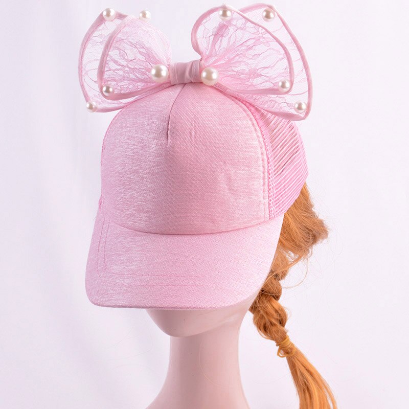 Lapin oreille enfants casquette de Baseball filles Snapback Protection solaire Hip Hop casquettes simulé perle grand arc enfants printemps été chapeau de soleil: pink mesh