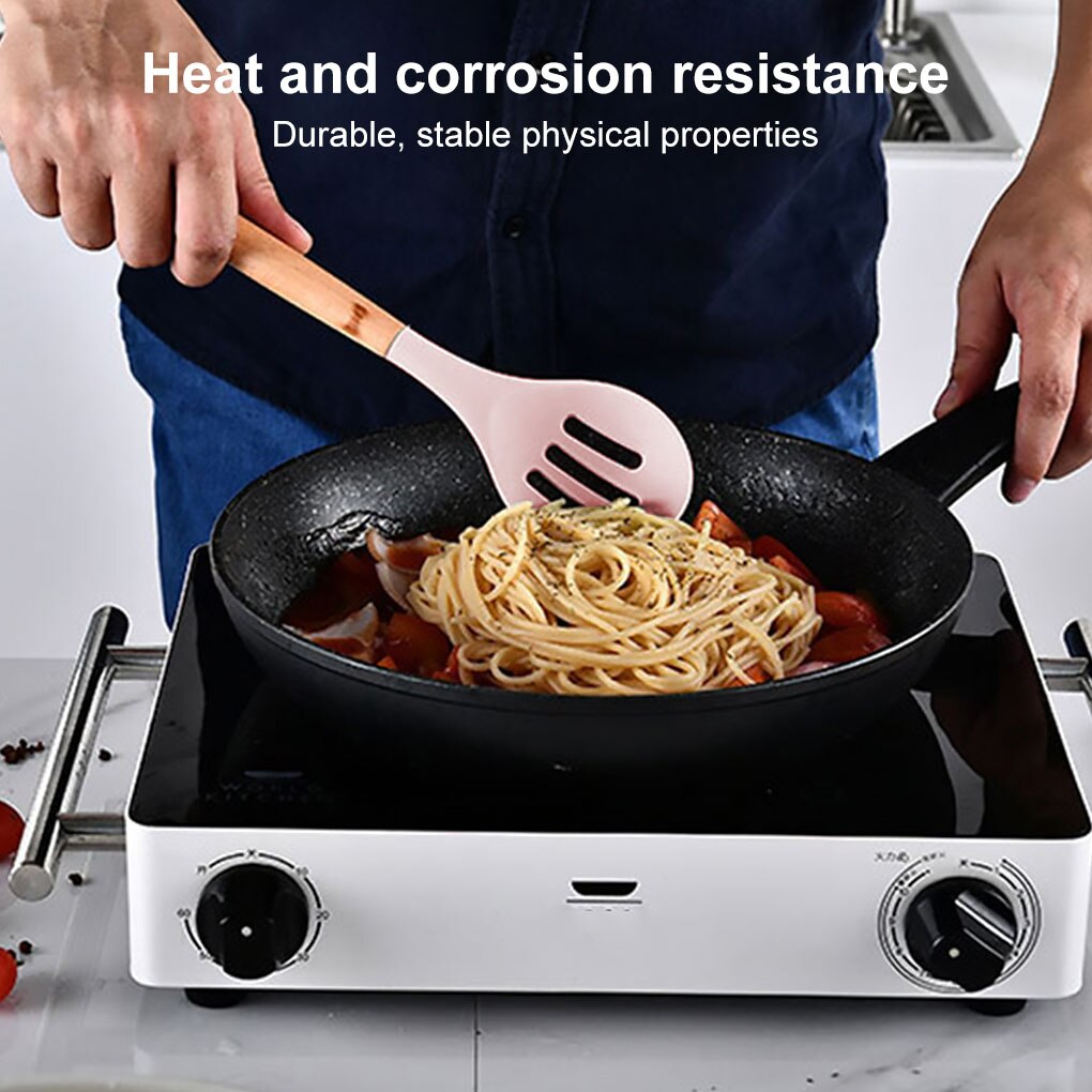 Wooden Handle Silicone Cooking Utensils Kitchen Utensil Set Non-stick Spatula Scraper Soup Spoon Brush Egg Beater Kitchen Tools