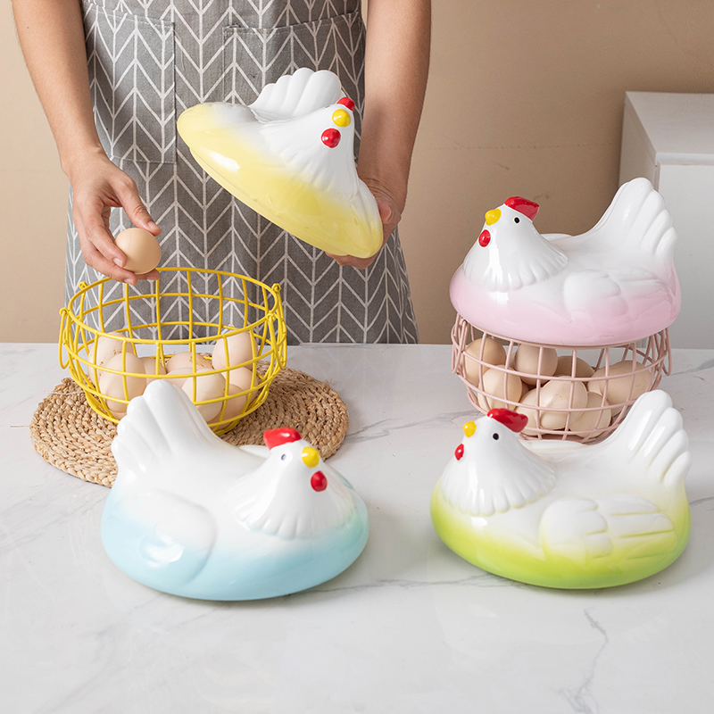 Poignée porte-œuf en céramique, poulet en métal, ornement de maison, boîte de rangement de fruits, panier de rangement en osier pour organisateur de cuisine