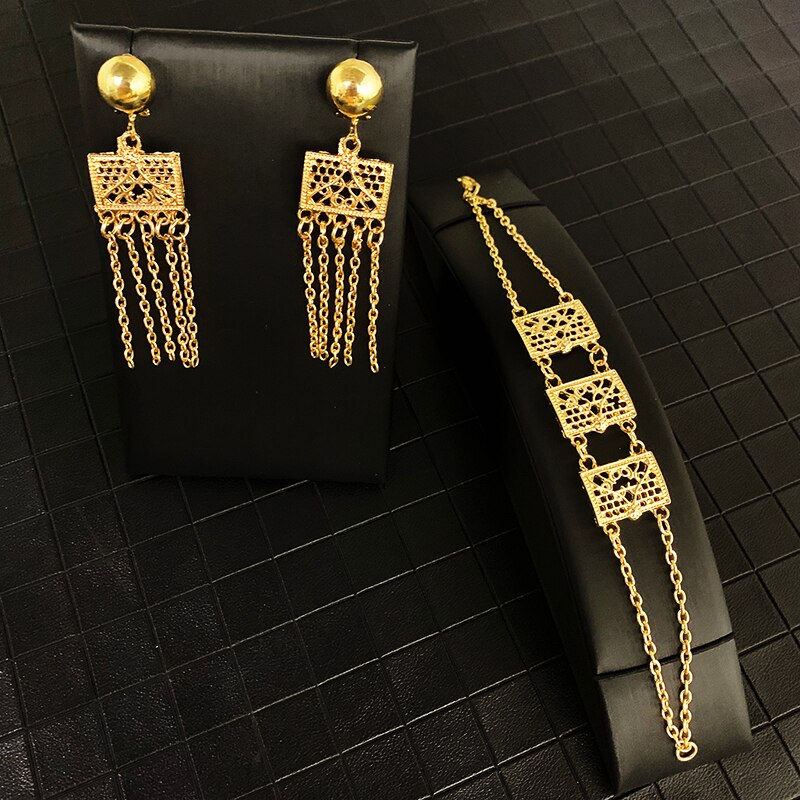 Dubai Saudi Arabia Gold Jewelry Sets for Women Luxury Tassels Bridal Jewelry Sets Geometric Necklace Muslim Sets