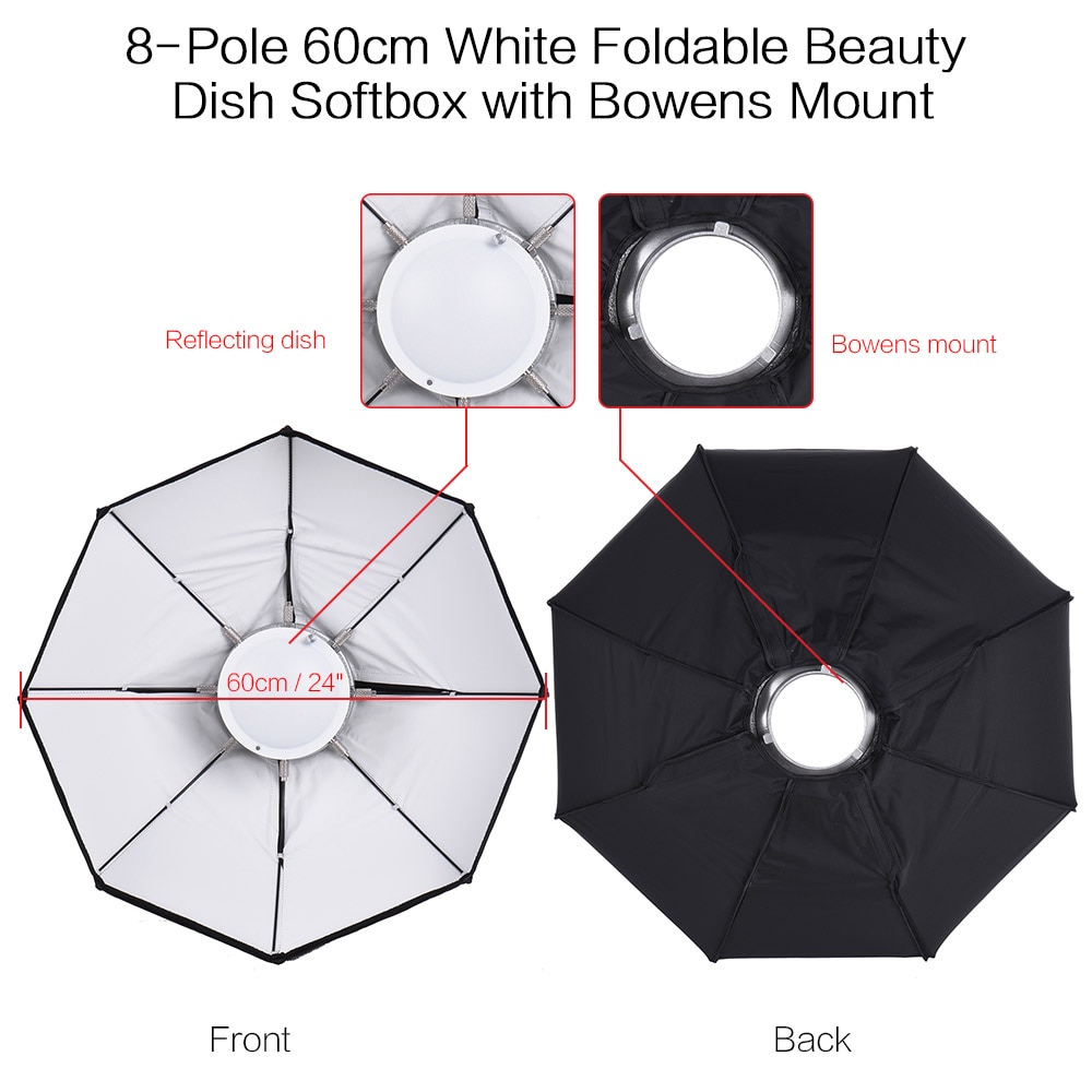 8- polet 60cm hvit sammenleggbar skjønnhet paraply parabol softbox med bowens feste til studio strobe blits lys