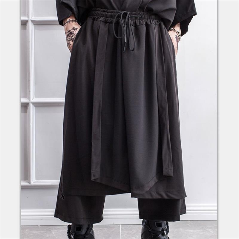 Pantalon ample pour homme, culotte faux deux jambes larges irrégulières, tenue de scène de style Yamamoto foncé