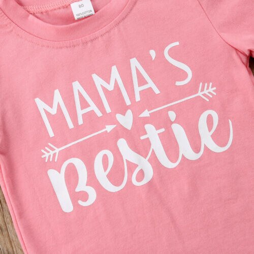 Zomer Leuke Casual Brief Print Roze Katoen Zacht Peuter Kids Baby Girl Korte Mouw Mama Bestie T-shirt Tees Tops Kleding