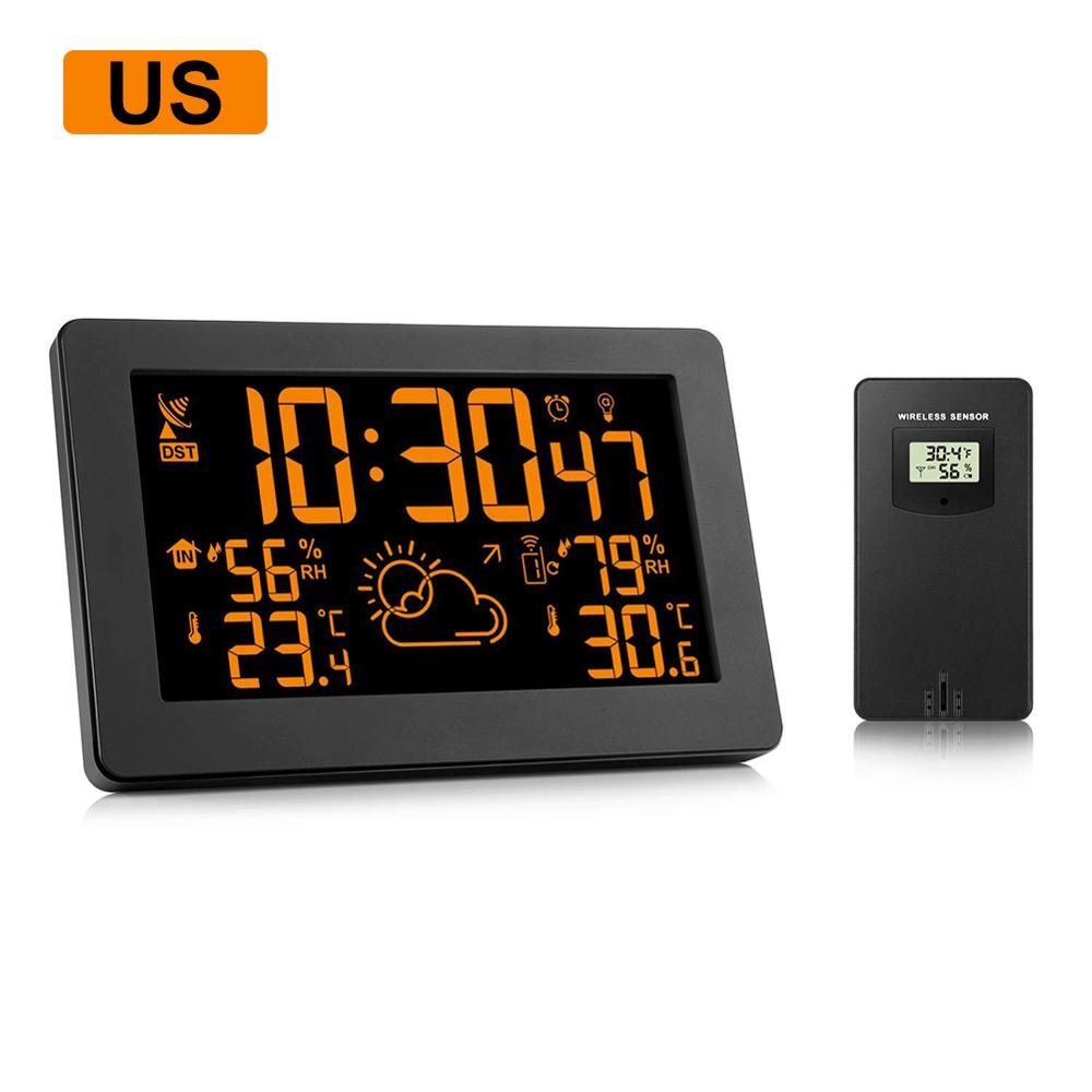 Wireless weather station weather forecast digital thermometer&hygrometer Colorful LCD display electric alarm clock: US Plug