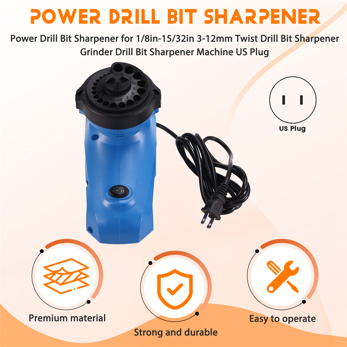 Power Drill Bit Sharpener for 1/8in-15/32in 3-12mm Twist Drill Bit Sharpener Grinder Drill Bit Sharpener Machine US Plug