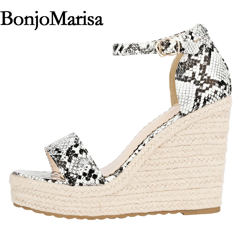 Gladiator Ankle Strap Espardirlle Wedge Heel Sandals Open Toe Snakeskin Print Summer Shoes Woman Party Wedding High Heel Sandals