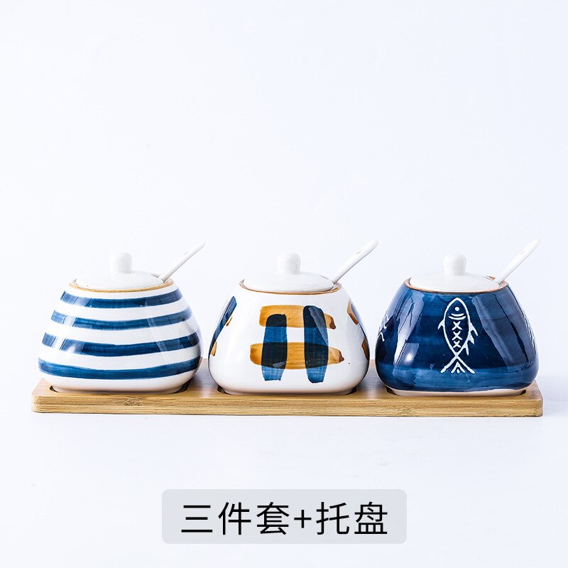 hand-painted underglaze Japanese ceramic seasoning pot set kitchen seasoning pot salt shaker household seasoning box: D
