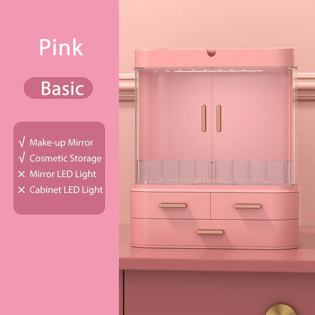 LED Light Makeup Mirror Cosmetic Storage Jewelry Container Lipstick Showcase Drawer Skin Care Products Cabinet Organizer-Cosmeti: Pink Basic No LED