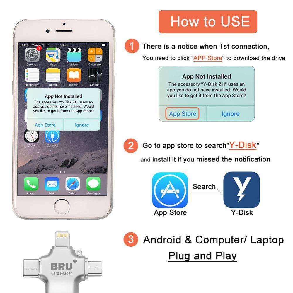 Bru 4In1 Usb Otg Pen Drive Usb Flash Drive 3.0 For Iphone Ipad Android Type-c Smart Phone Tablet PC 16gb 32gb 64gb 128gb 256gb