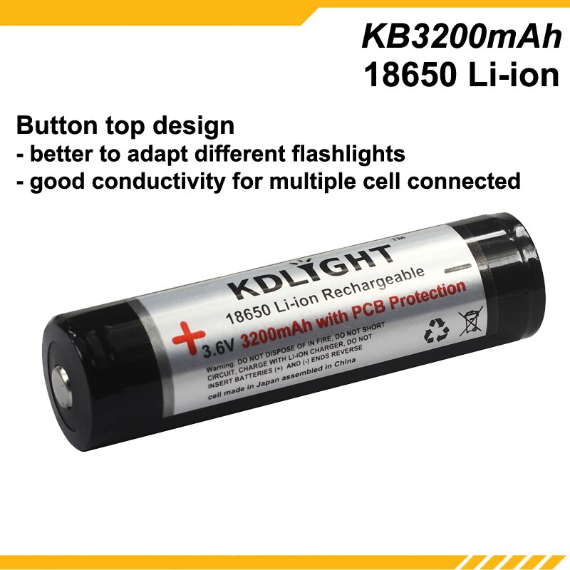 Kdlight  kb3200 mah 3.6v 3200 mah genopladeligt li-ion 18650 batteri med pcb