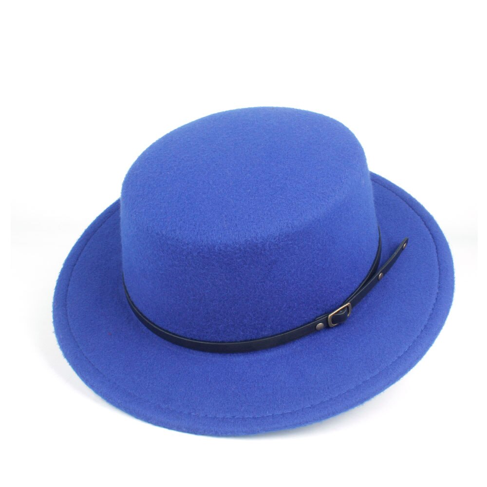 Men Women Flat Top Hat Winter Casual Hat Wool Trilby Fedora Hat Wide Brim Hat Size 56-58CM: Blue