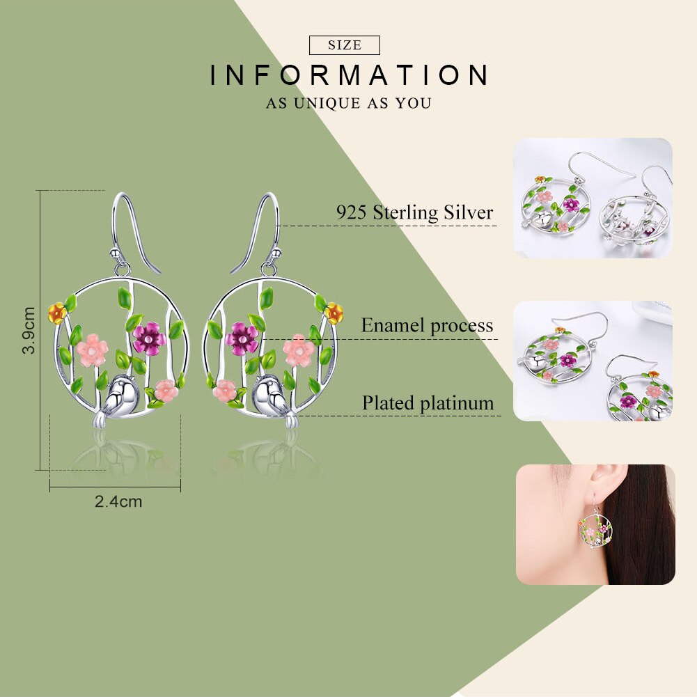 BAMOER Genuine 925 Sterling Silver Blooming Forest Birds Secret Earrings for Women Sterling Silver Earrings Jewelry SCE480