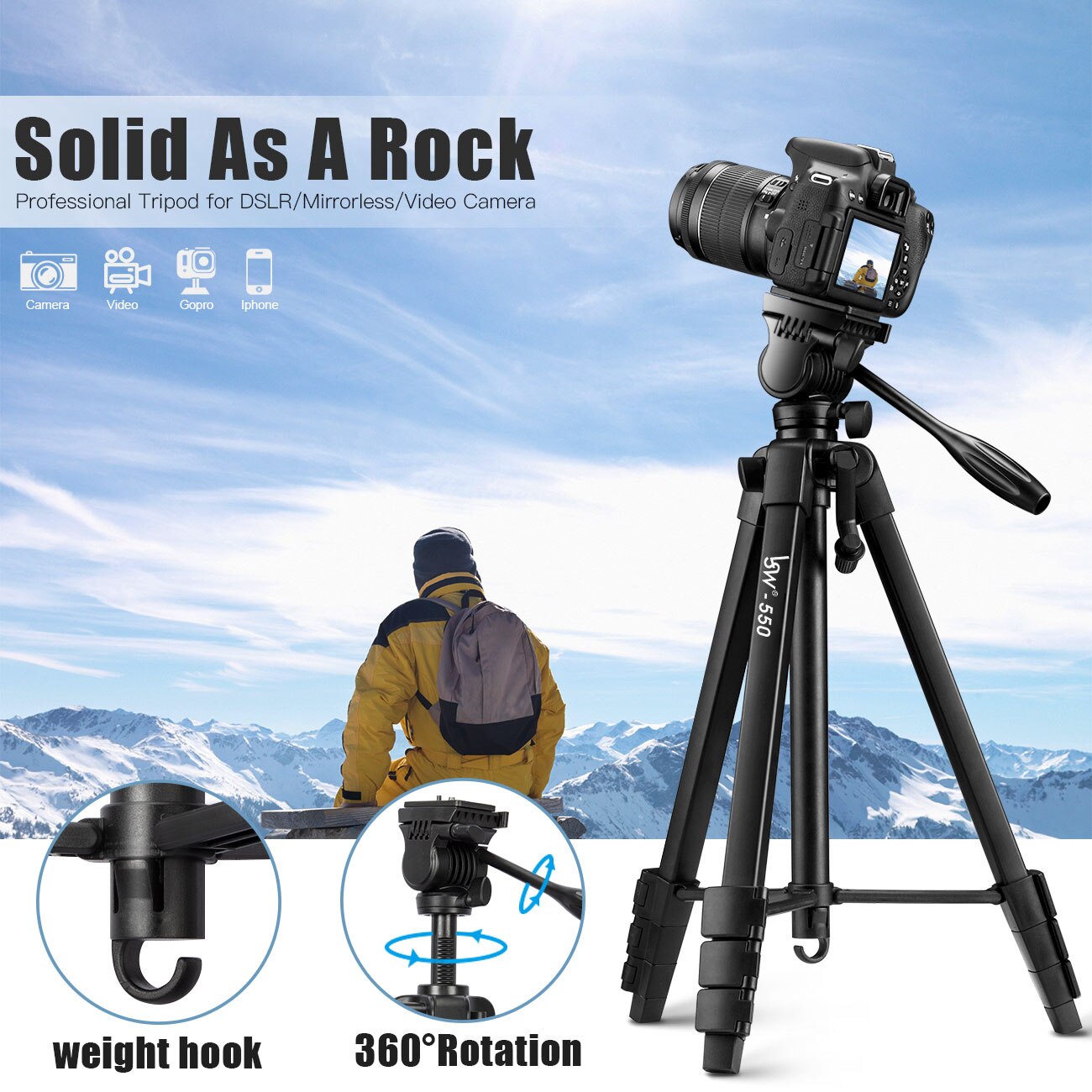 Stativ för 152cm kameror för dslr/slr med vätskehuvud i aluminium, fotostativ med telefonhållare &amp; avlägsen