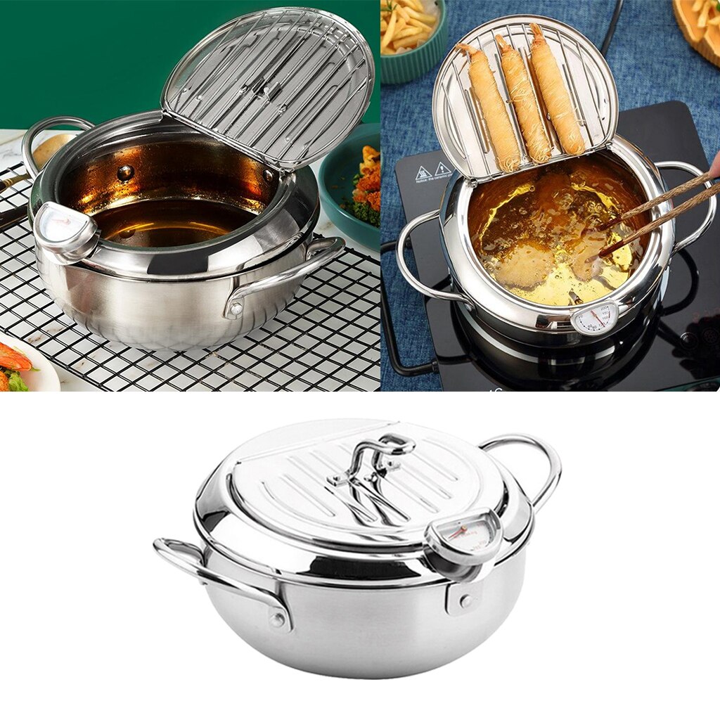 Deep Frying Pan with thermometer Japanese Tempura Fryer Pot Drainage Frying Pan