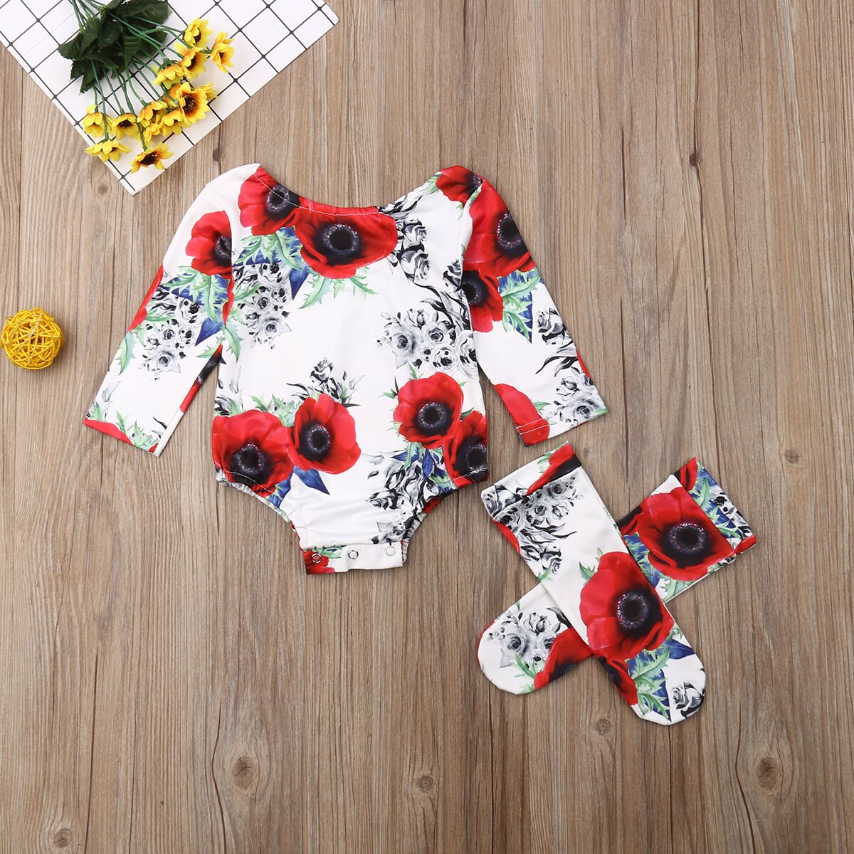 2019 Primavera Outono Bebê Roupas 0-24M Infantil Bebê Menina Miúdo Flor de Manga Longa Bodysuit Macacão Floral Tops + Polainas Sock