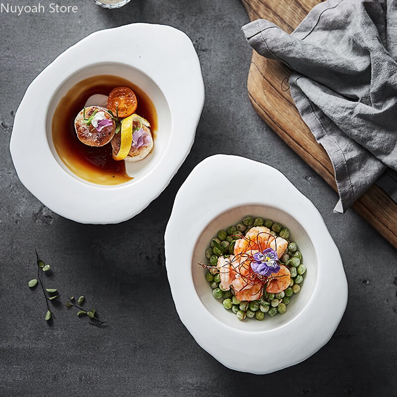 White Special-shaped Irregular Dinner Plate Stone Grain Egg-shaped Bowl Insulation Bowl Hotel Restaurant Tableware