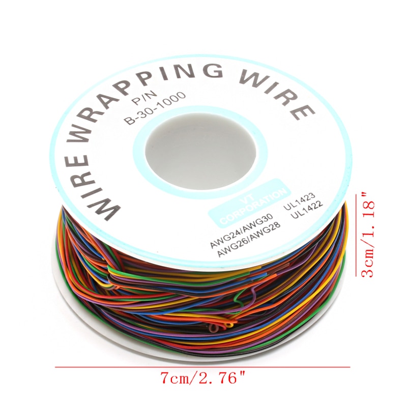 Rollo de 8 colores 30AWG Alambre de Envoltura de cable, cobre estañado sólido, Aislamiento de PVC