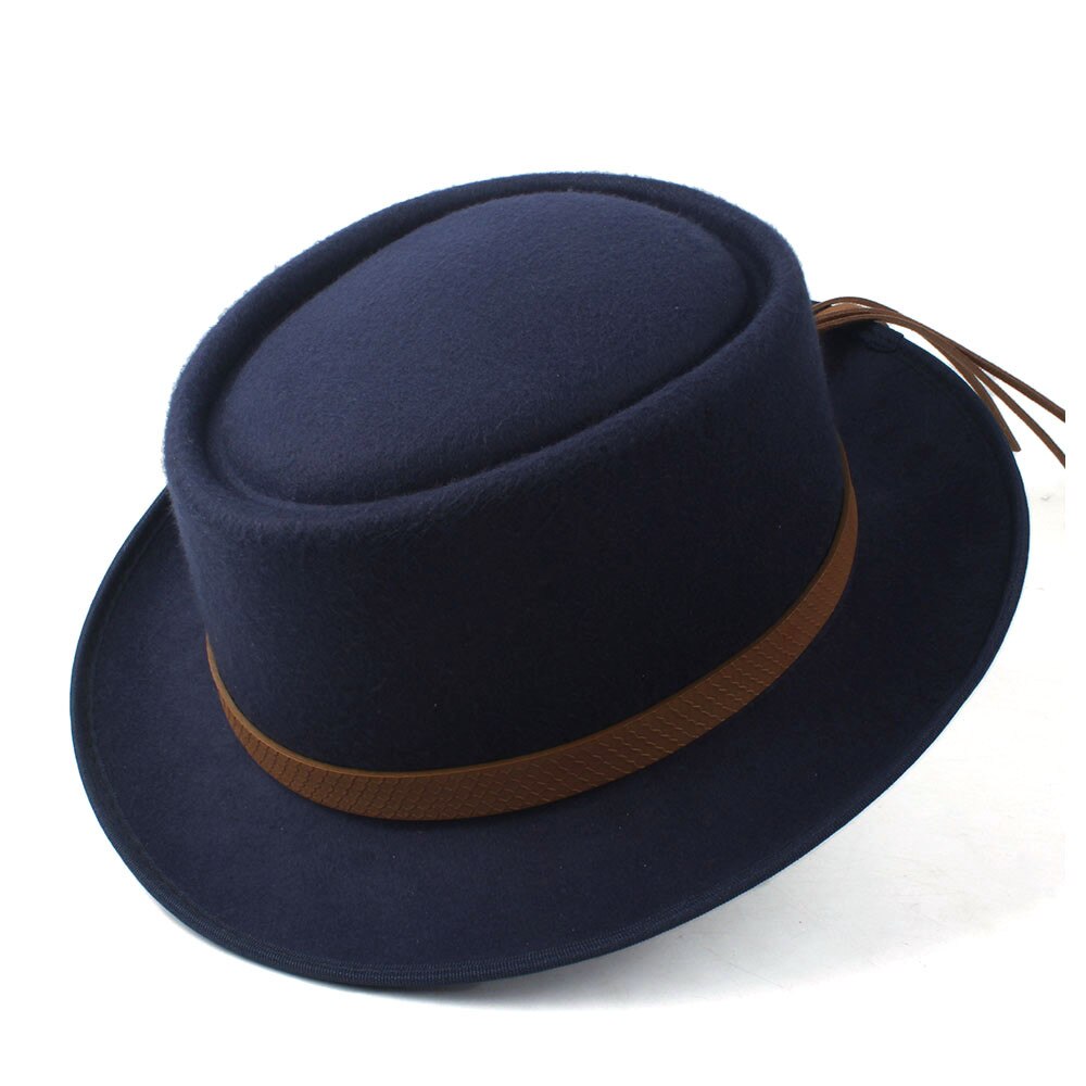 Sombrero de tarta de cerdo para mujer, sombrero Fedora de iglesia para hombre, sombrero plano de lana, Trilby, sombrero fascinador, tamaño 58CM,: Dark Blue