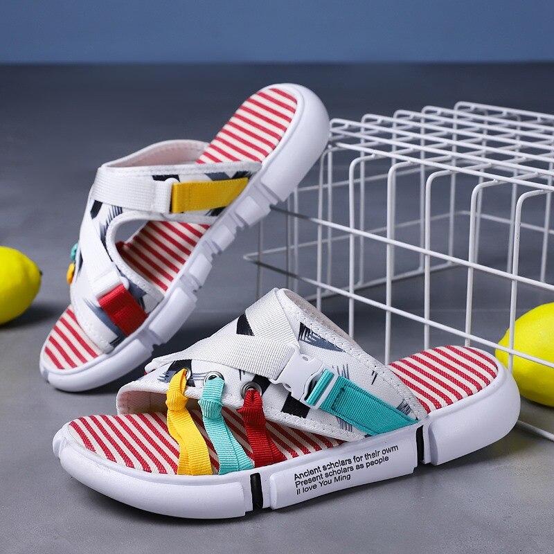X Männer Hausschuhe Sommer Korea Stil Strand Dienstprogramm lässig Schuhe Stoff Licht Komfortable Espadrilles Männer kippen-Flops: Weiß-rot / 44