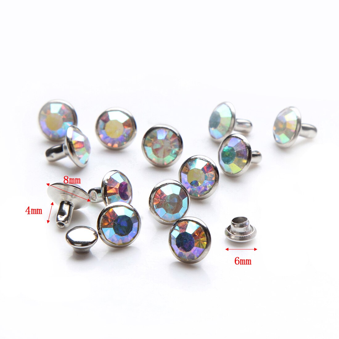 100Sets 6Mm &amp; 8Mm Ab Kleur Crystal Rhinestone Klinknagels Silver Metal Base Studs Stunds Voor Kleding Tas leathercraft Rivet