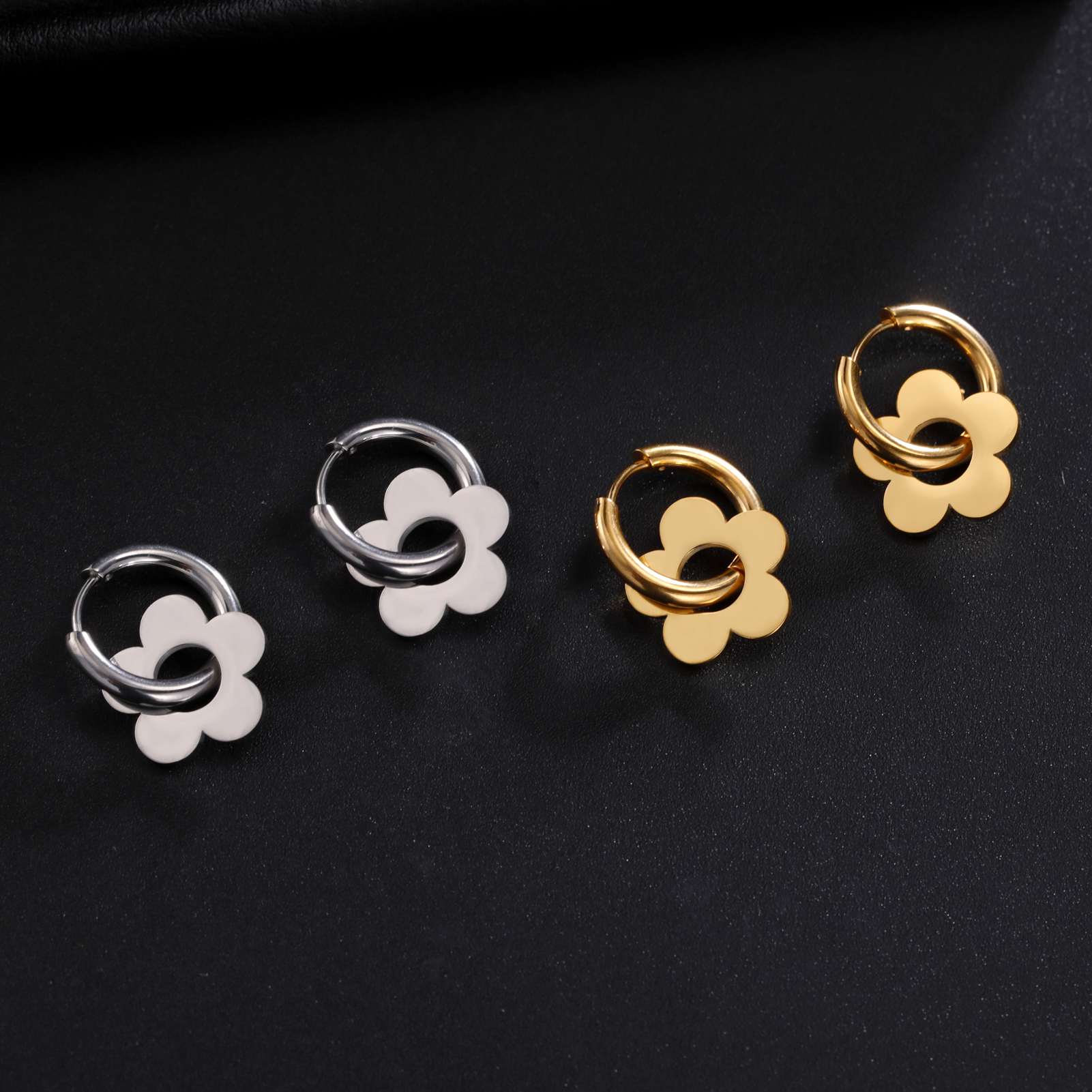 Skyrim Kpop-pendientes colgantes de flores para mujer, aretes de aro de acero inoxidable de Color dorado, joyería de boda bohemia, en