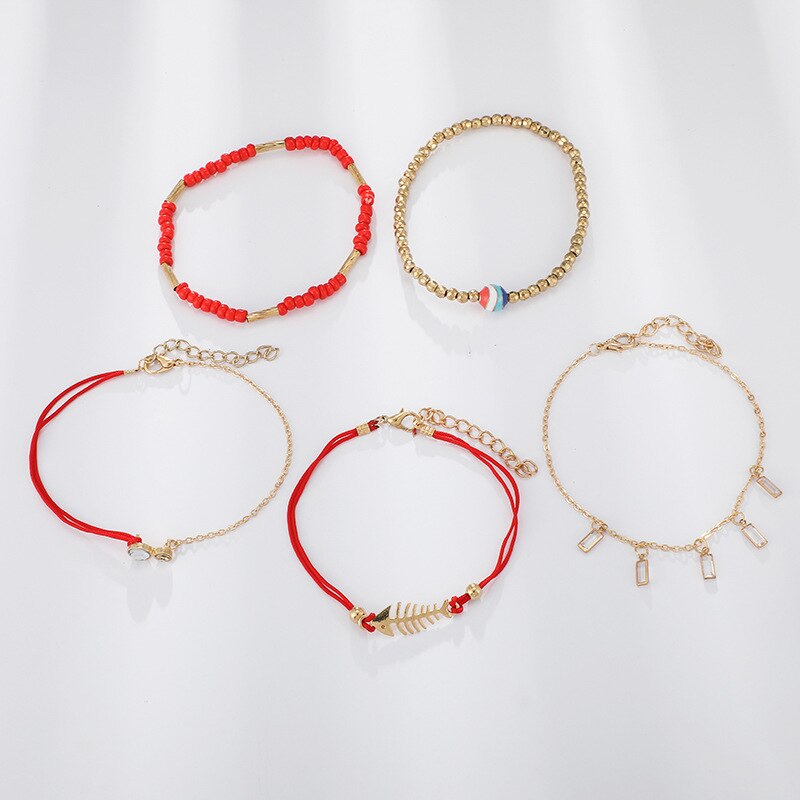 Bohème perlé cheville Bracelets ensemble multicouche strass croissant arête de poisson Bracelets porte-bonheur femmes cheville pied bijoux 5 pièces