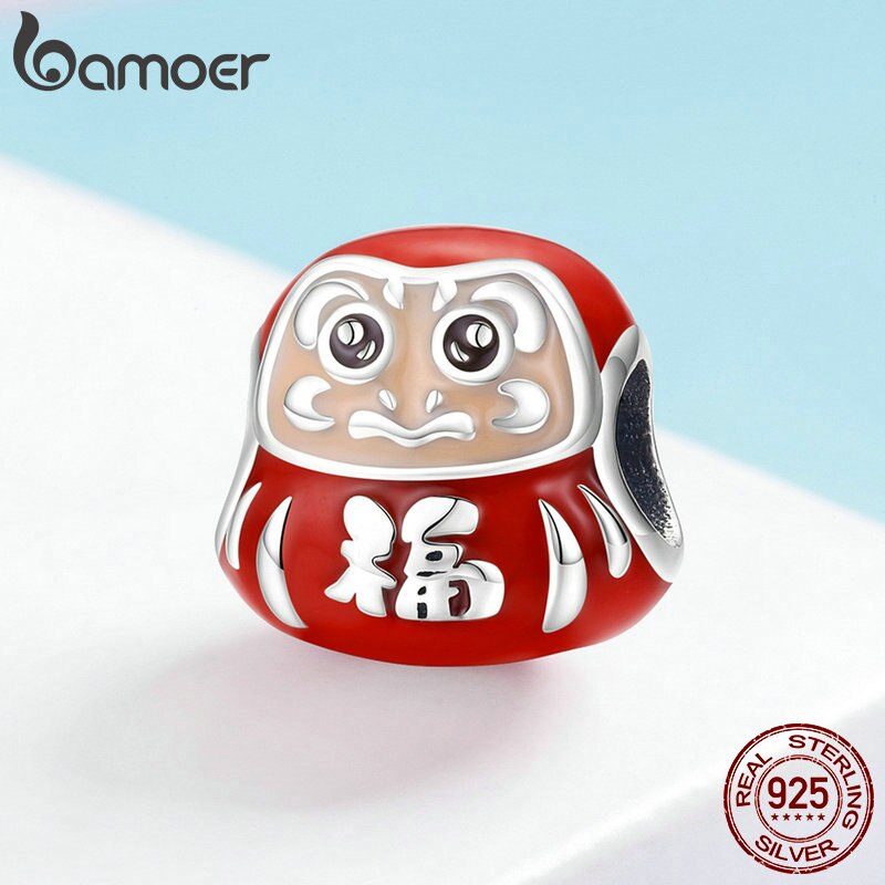 Bamoer 100% 925 Sterling Zilveren Japan Daruma Rode Emaille Kralen Fit Charms Vrouwen Armbanden Sieraden Maken SCC1087