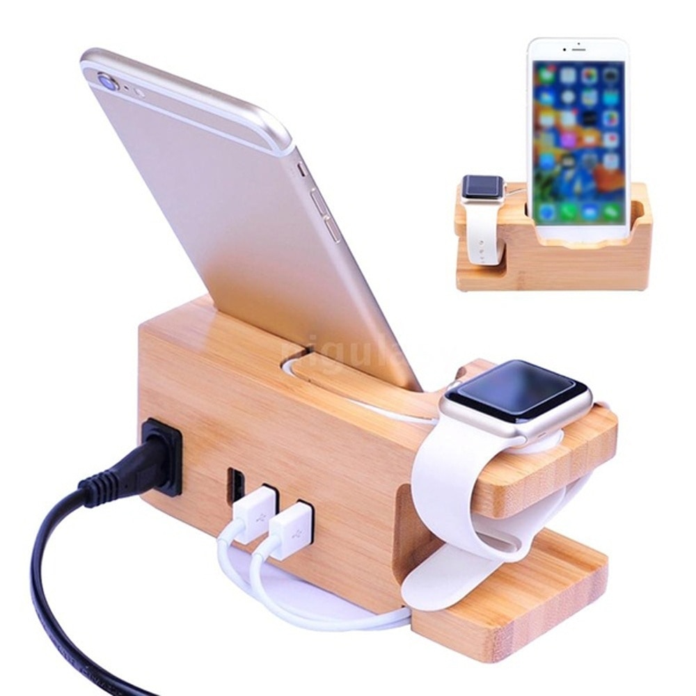 Bamboo USB Charger Stand - 3-Port 15W 3A Desktop Charging Station for Apple Watch & Phone